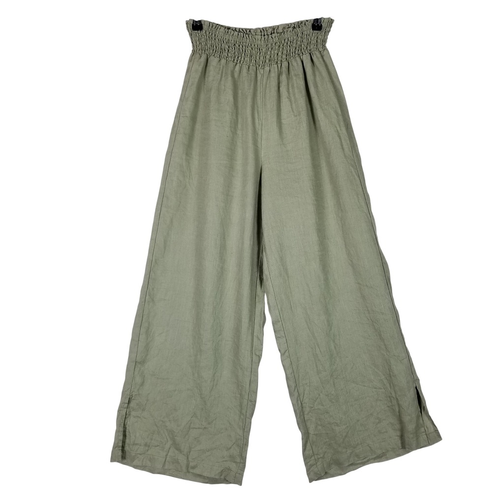4our Dreamers Wide Leg Pants Women M Olive Green Smocked Waist 100% Linen Slit